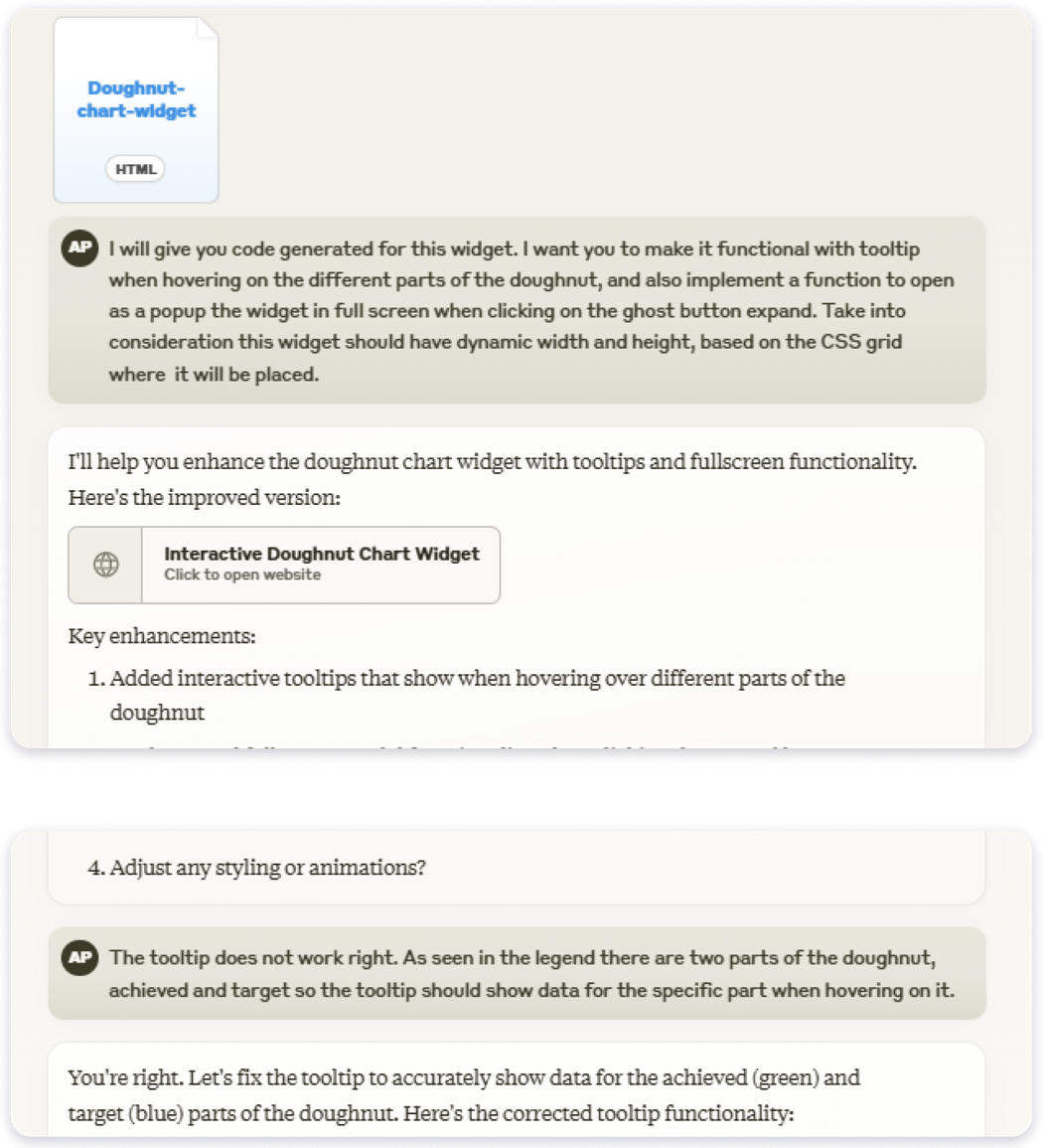Screenshot of a chat about improving a doughnut chart widget, showing user and assistant messages discussing adding tooltips, fullscreen mode, and fixing tooltip accuracy for different chart segments.