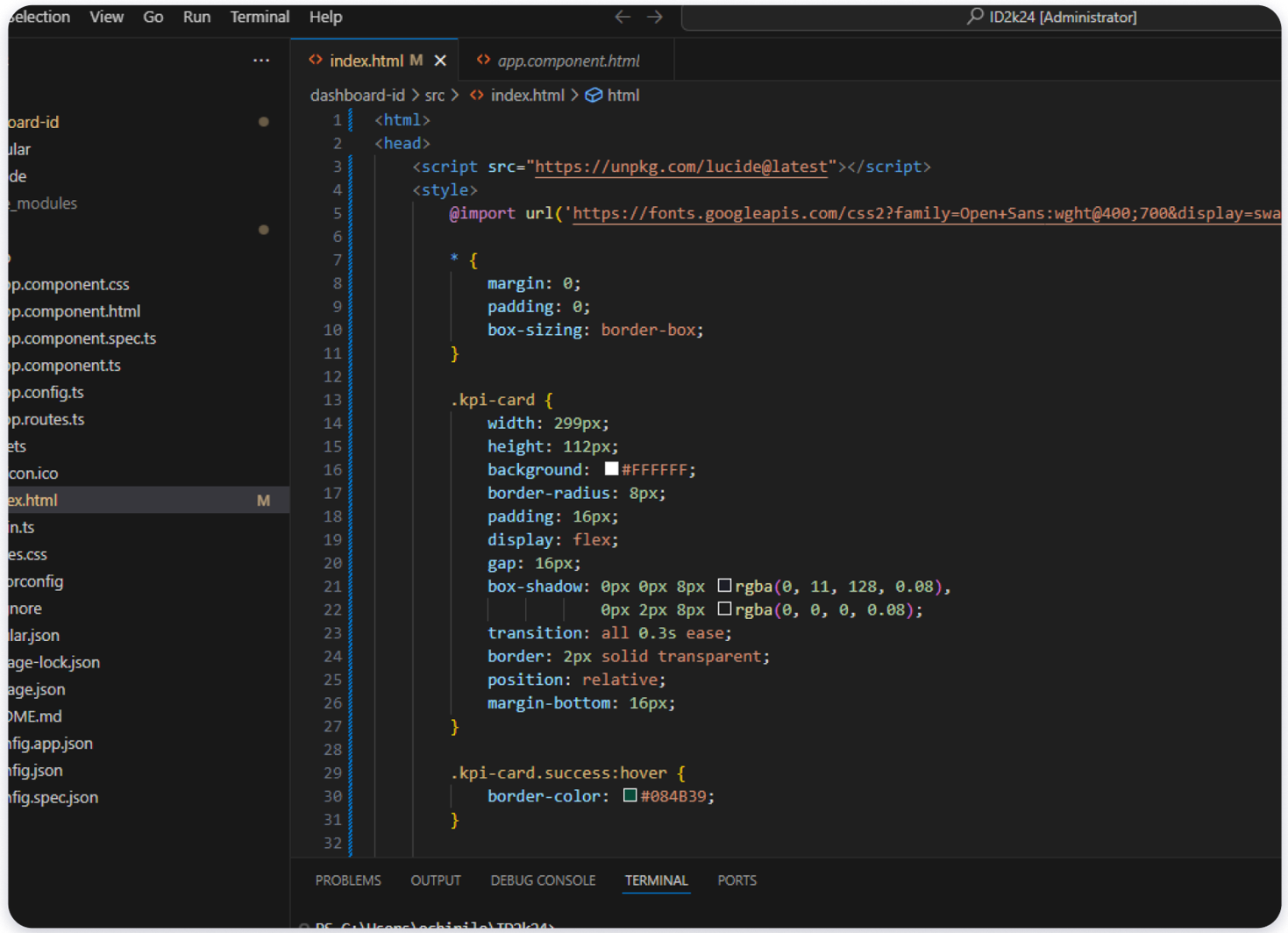 Screenshot of a code editor with an HTML file open, showing CSS styles for a KPI card component. The editor sidebar displays project files and folders.