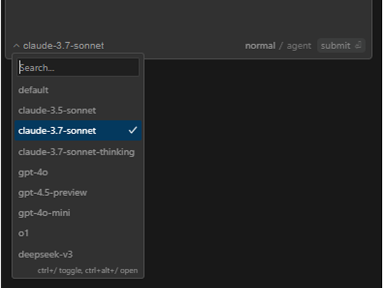 choosing AI agent inside Cursor AI