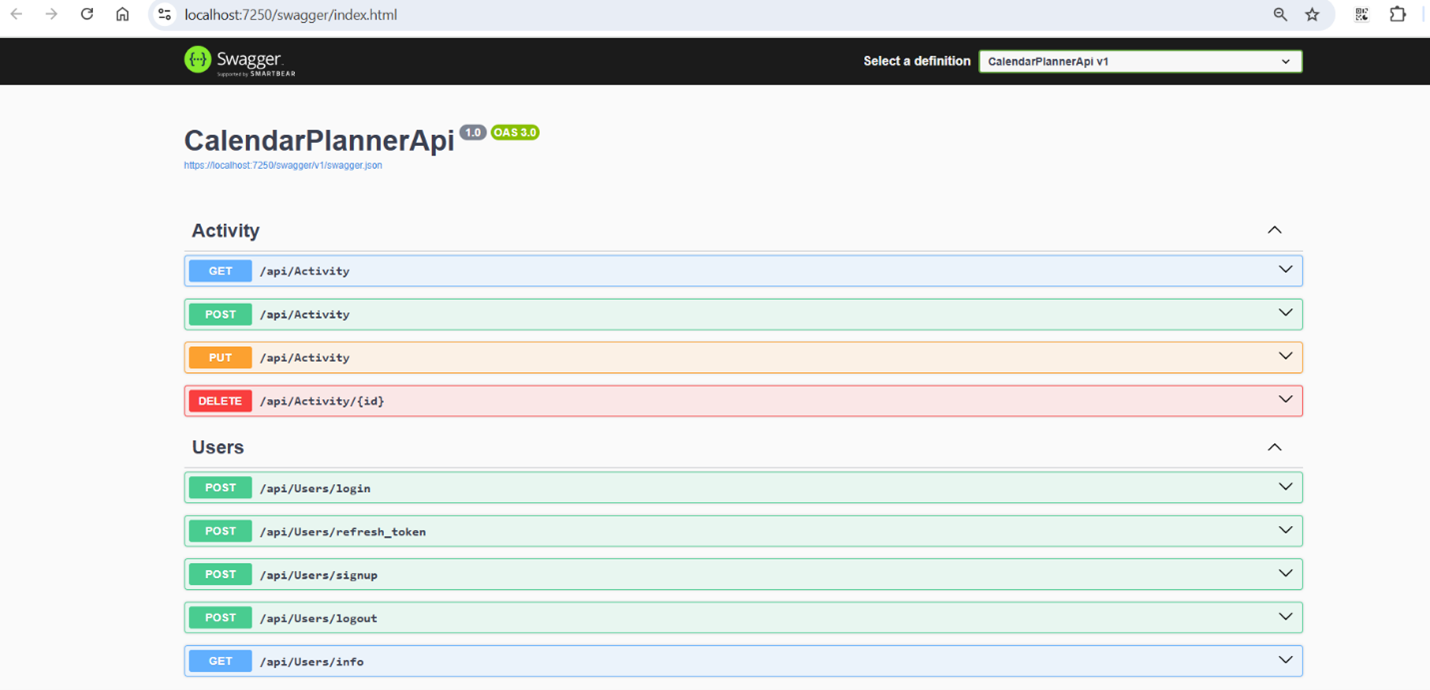 Swagger page for the CalendarApi
