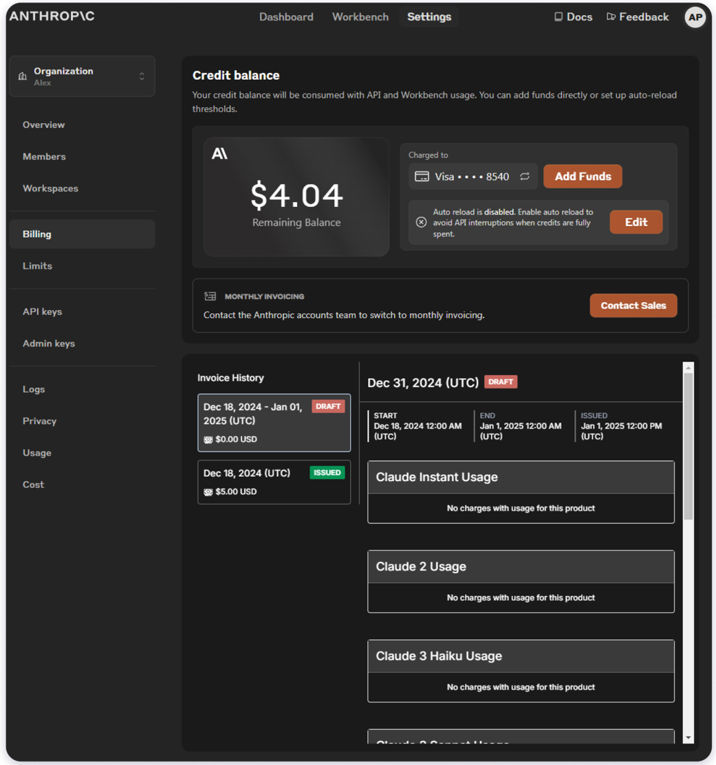 Screenshot of the Anthropic account billing settings page showing a remaining credit balance of $4.04 charged to a Visa card ending in 8540. Options to add funds and enable auto-reload are visible. The page includes invoice history with draft and issued invoices, and detailed usage sections for Claude Instant, Claude 2, Claude 3 Haiku, and Claude 3.5 Sonnet, all showing no charges for the selected billing period. The sidebar menu lists organization details, billing, API keys, logs, privacy, usage, and cost.