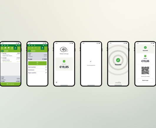 Mobile POS screens display the Tap to Pay payment process from Centric and Mollie, from checkout to successful contactless payment and receipt.