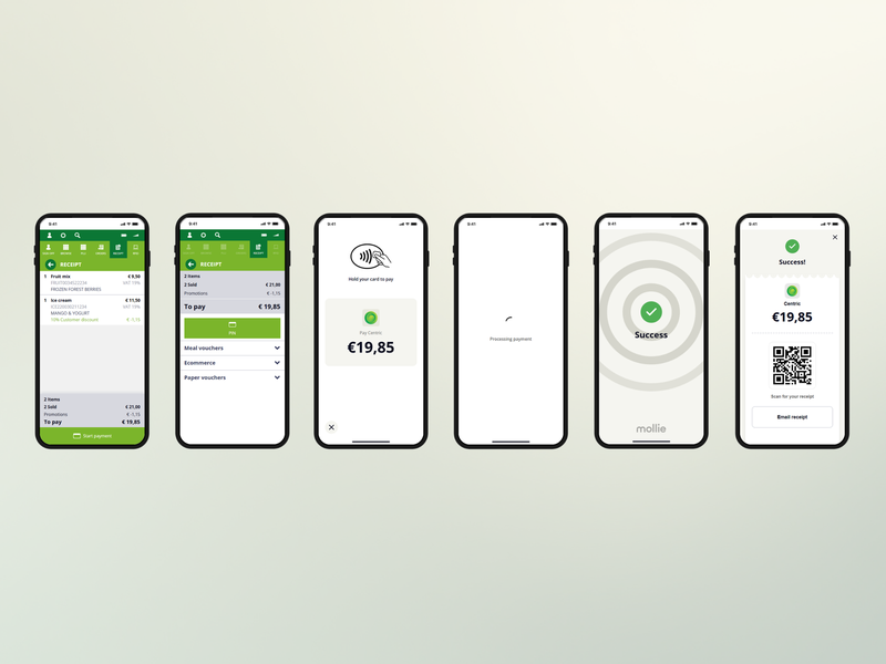 Mobile POS screens display the Tap to Pay payment process from Centric and Mollie, from checkout to successful contactless payment and receipt.