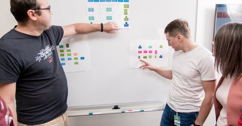 Software architect and other developers looking a whiteboard