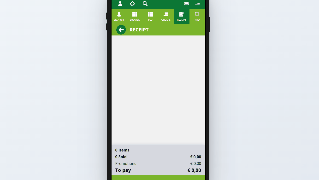 Smartphone running Centric’s inPosition Mobile POS app. The screen displays the checkout screen for a payment with a total amount of €0.00 and a green “Start payment” button. The interface shows features such as Browse, PLU, Orders, Receipt, and RFID.