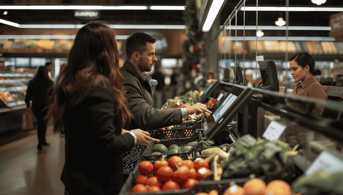 Photorealistic photo of a supermarket with people at self-checkout clicking on a screen, with fruits and vegetables visible in the scene