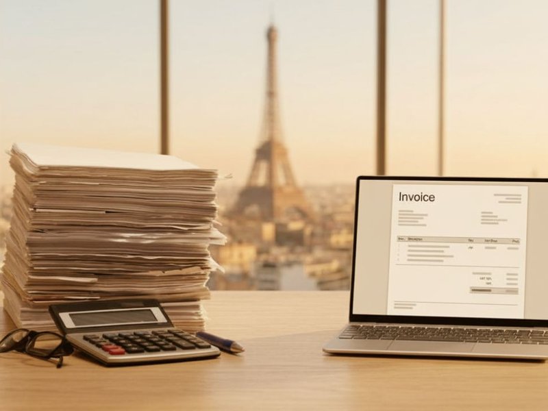 Photorealistic business desk scene showing transition from paper to digital invoicing_ stack of white paper invoices beside modern laptop displaying clean generic invoice interface with no readable text, calc (1)
