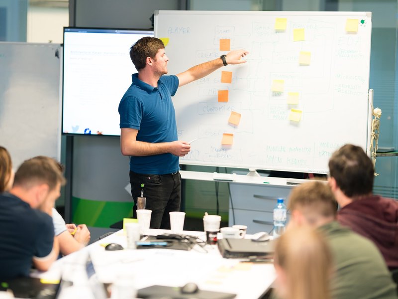 Full stack developer NET developer sharing ideas on a whiteboard