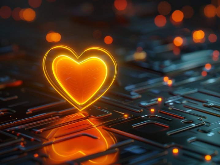 orange-yellow-love-technology-concept-with-heart-symbol-as-neon-light-vibrant-colored-icon-black-background-with-high-tech-floor