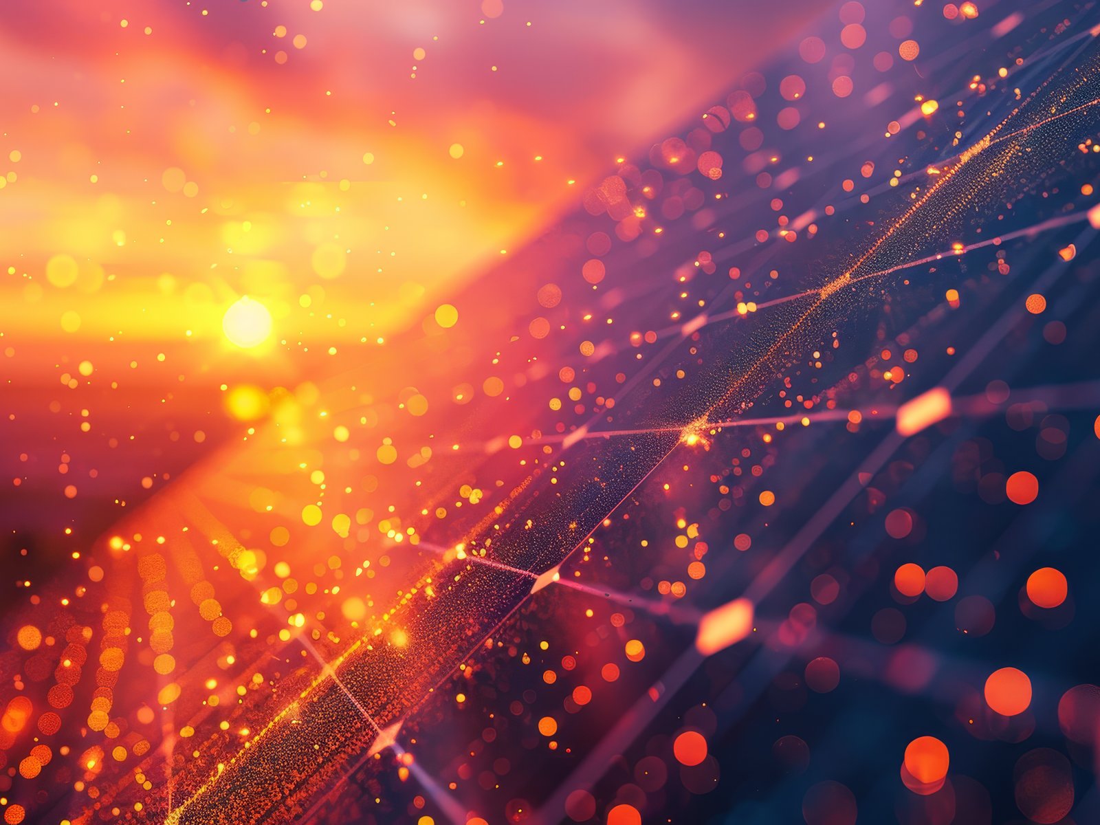serene-digital-landscape-with-network-mesh-overlaying-dramatic-sunset-sky-highlighted-by-sparkling-particles